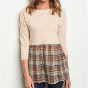 NWT ODDY Plaid contrast 3/4 sleeve baby doll top